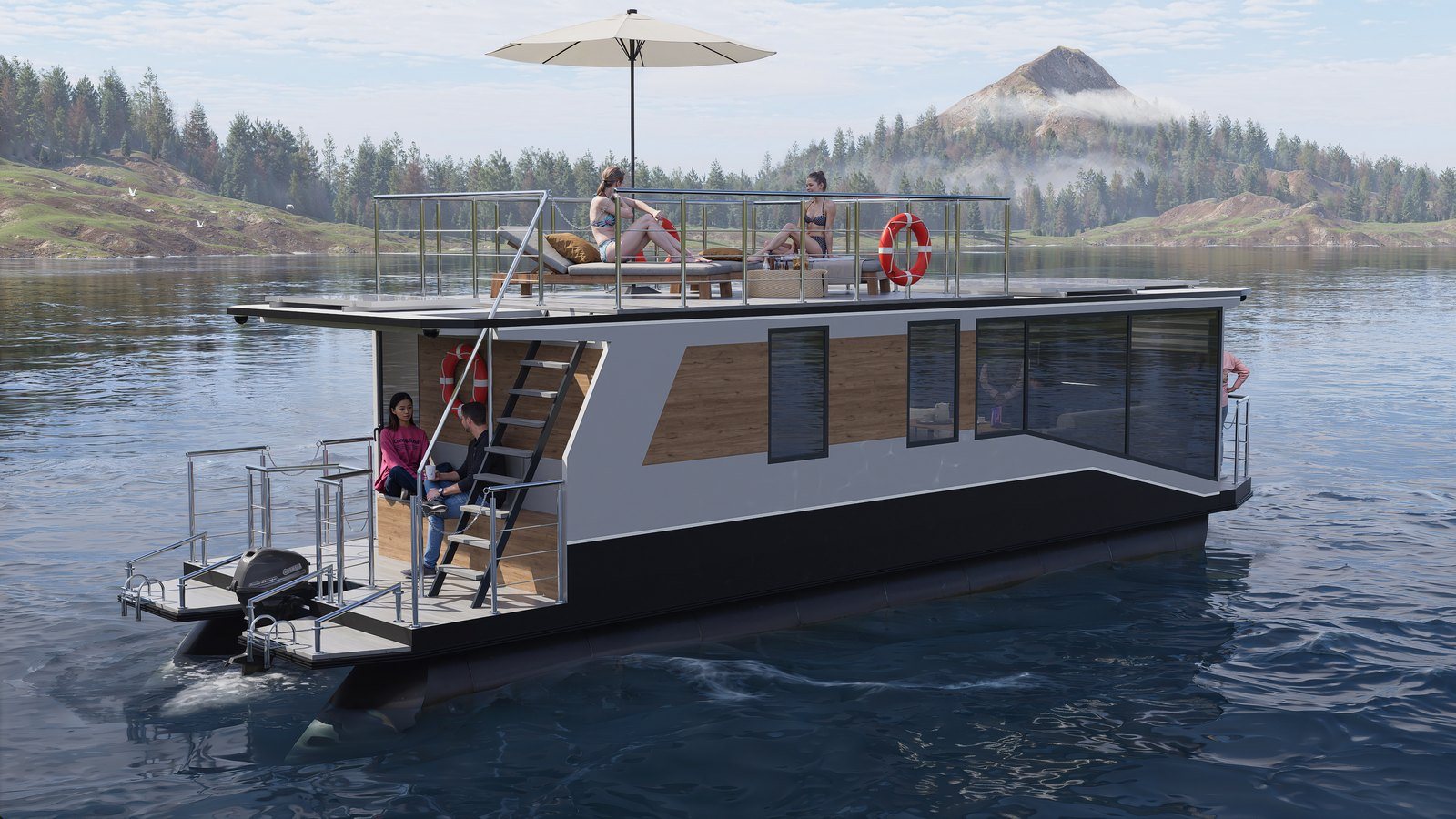 Houseboat z zewnątrz na jeziorze