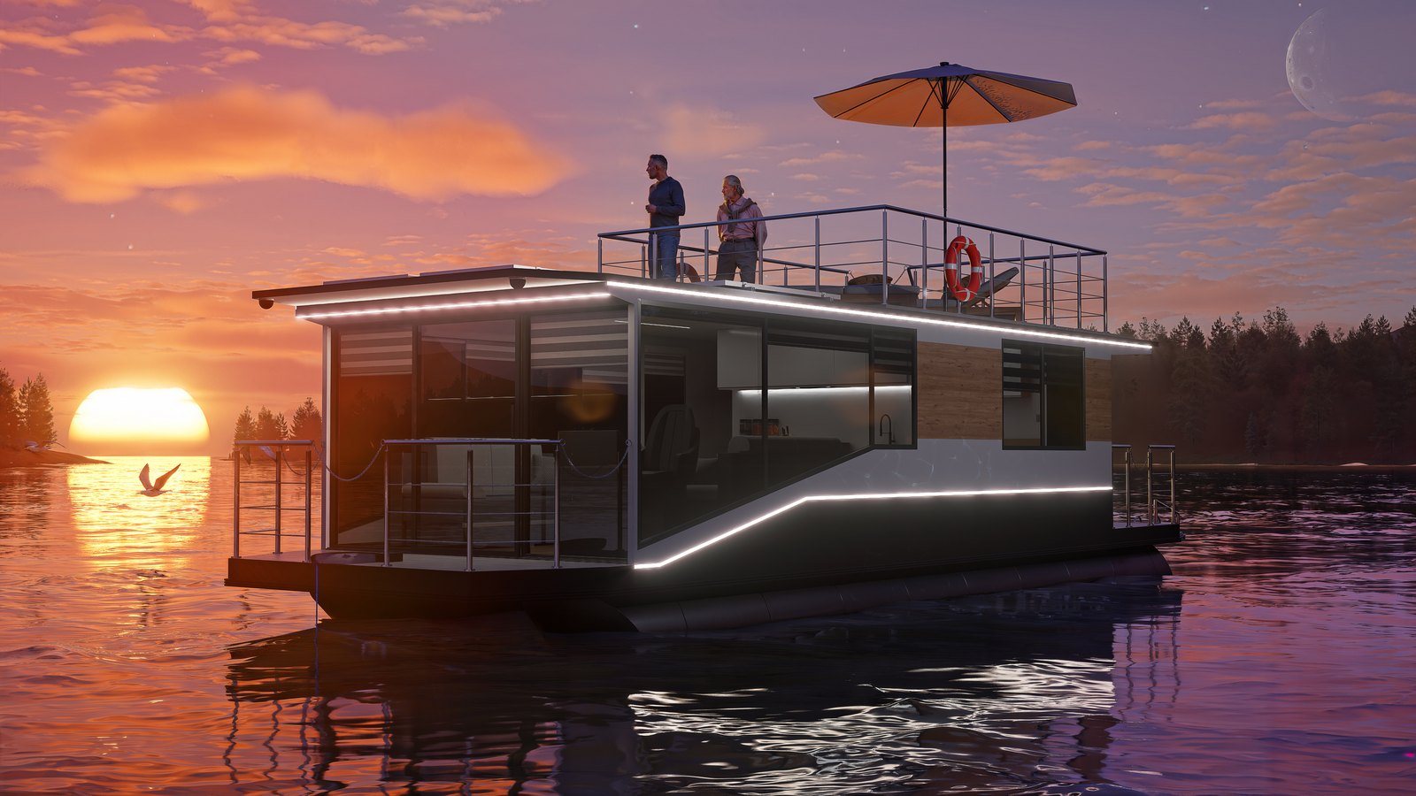 Houseboat o zachodzie słońca