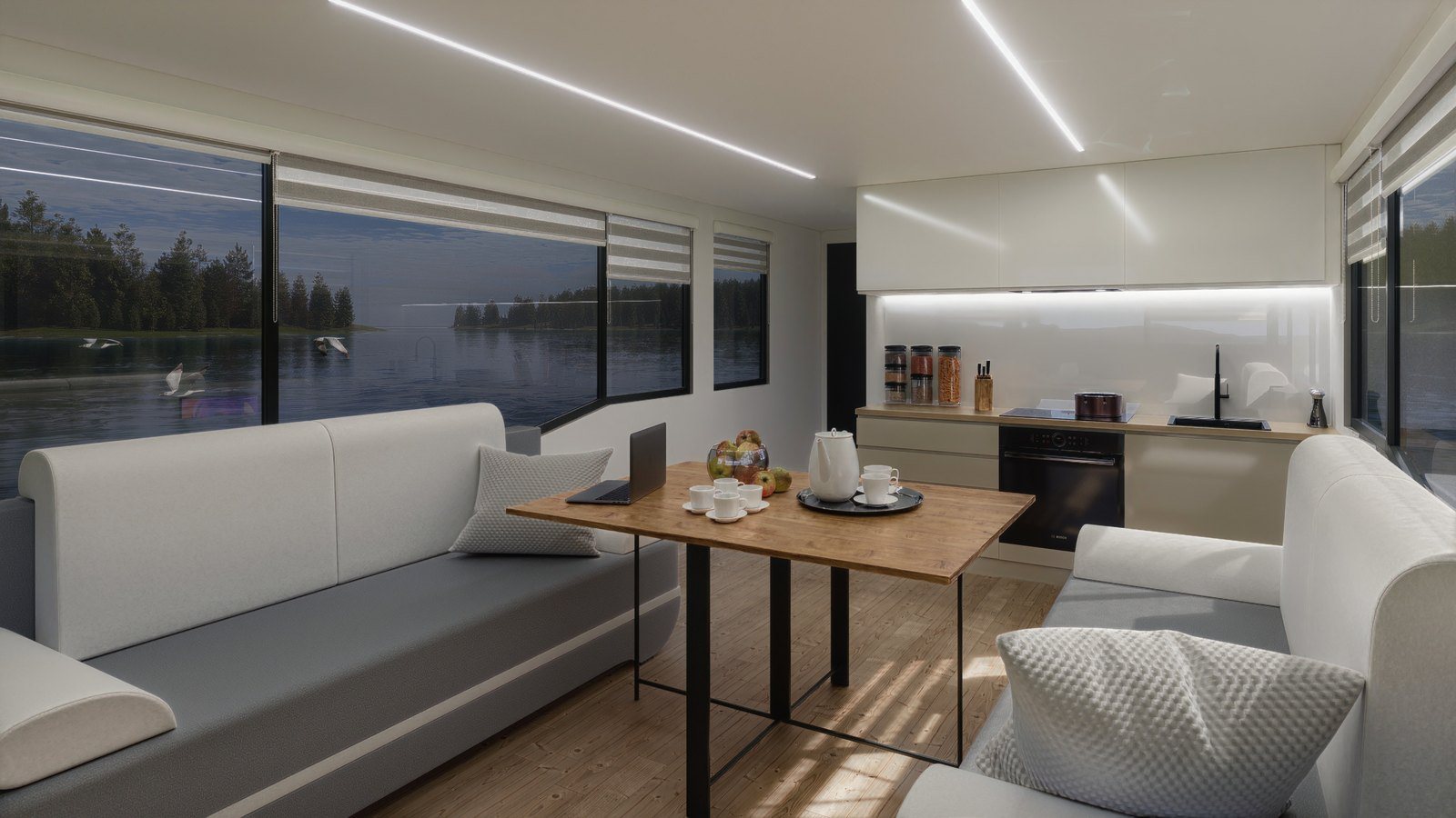 Salon z kuchnią w houseboacie